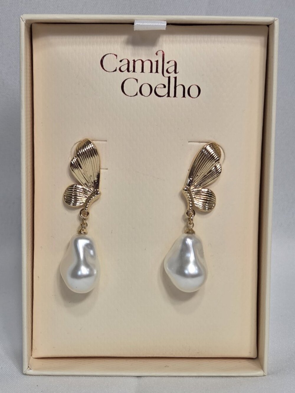 NIB Camila Coelho Gold Tone Butterfly Baroque Pearl Drop Statement Earrings New